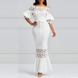 White Slash Lantern Sleeve Neck Lace Maxi Dress