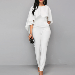 V Back Zipper Closure White Cloak Jumpsuit