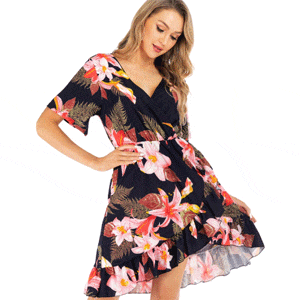 Pretty Short-Sleeve V Neck Floral Dress