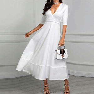 New Style Pleated Deep V Neck High Waist Maxi Dress