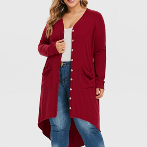 V Neck Ribbed High Low Plus Size Cardigan