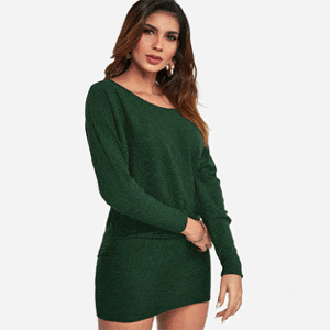 Green One Shoulder Dolman Sleeve Knitted Dress